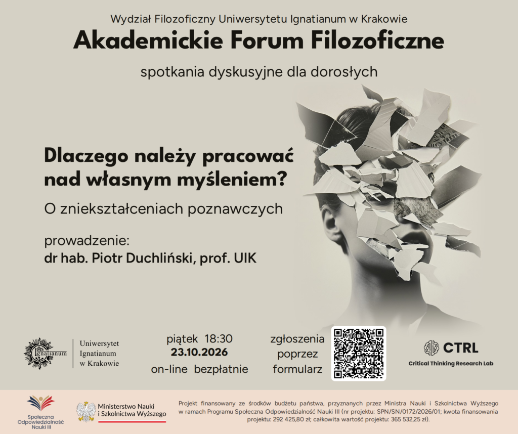 plakat Akademickie Forum Filozoficzne "Dlaczego należy pracować nad własnym myśleniem"