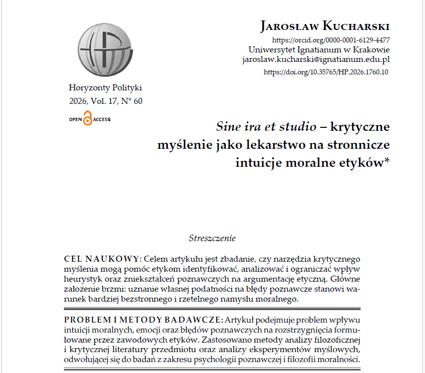 Pierwsza strona publikacji prof. Jarosława Kucharskiego Sine ira et studio – krytyczne myślenie jako lekarstwo na stronnicze intuicje moralne etyków